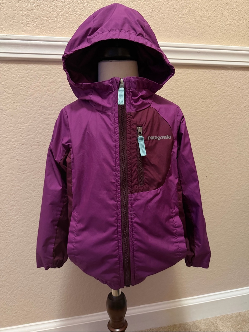 Patagonia Kids' Purple Hooded Rain Jacket with Maroon Chest Panel